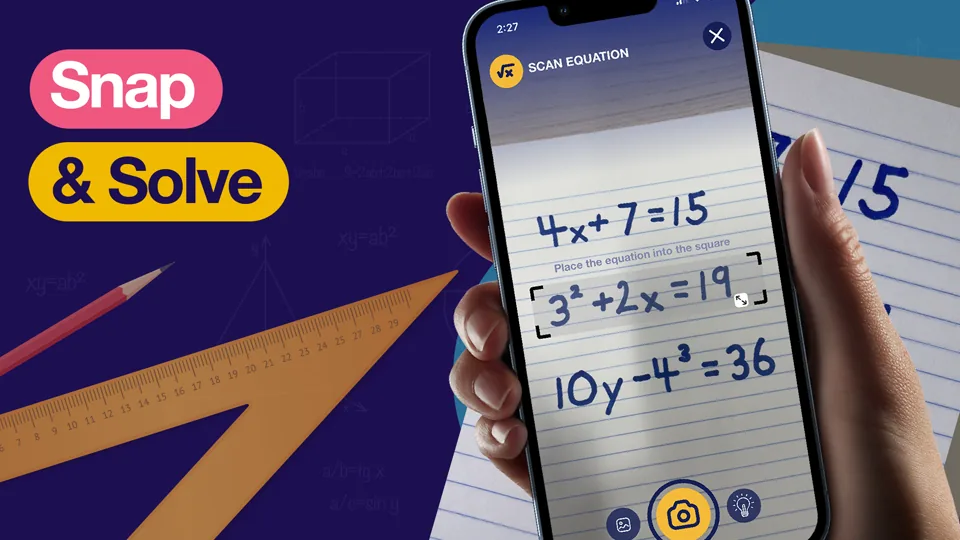 Homework Solver Scan Equation mode: a hand holds a phone whose camera is scanning handwritten equations (4x+7=15, 3² + 2x = 19, 10y − 4³ = 36) on lined notebook paper, with a ruler and pencil beside it.
